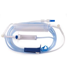 Image of Burtons Stanard Coiled Giving Set with blue placement indicator for infusion pumps.