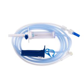 Image of Burtons Paediatric Giving Set with blue POM clamp, blue precision ‘V’ roller clamp (ABS), ‘C’ Clip flow shut-off clamp